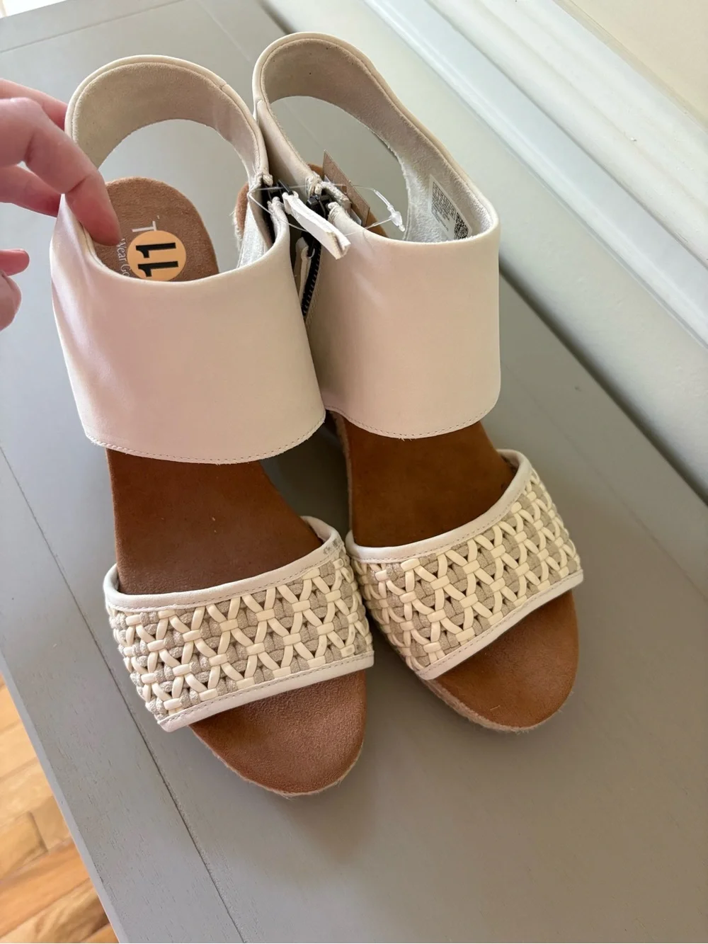 Toms Cream Woven Espadrille Wedge Sandals with Ankle Cuff